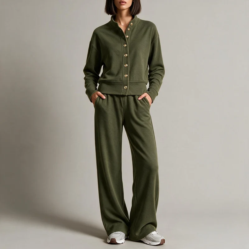 Damen Sweatjacke mit Druckknopfleiste, Stehkragen und weichem Lounge-Schnitt Nord Taschen