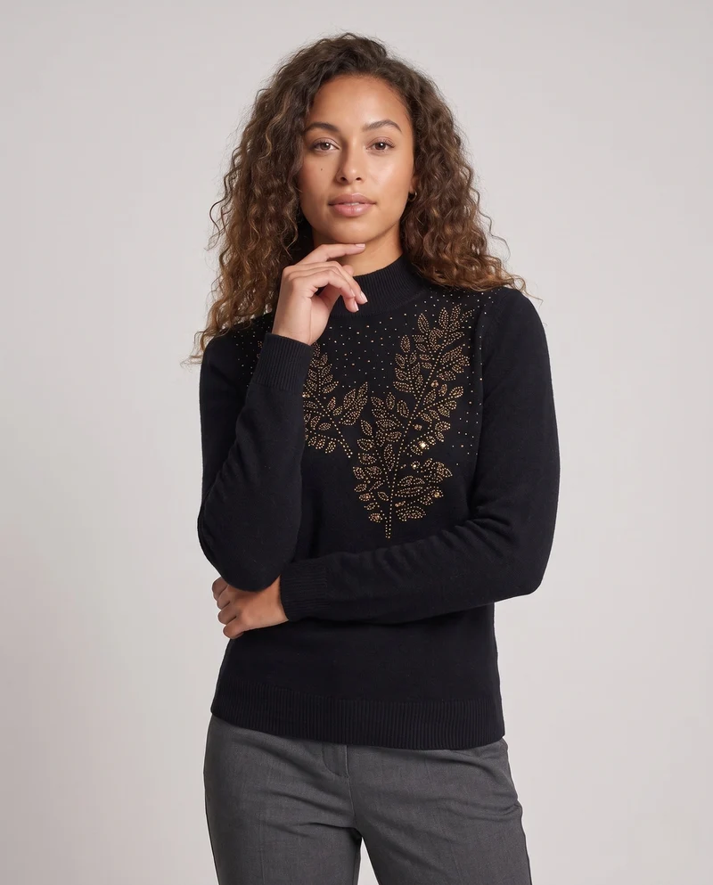 Damen Feinstrickpullover mit Ajour‑Blattapplikation und Perlen‑Detail Nord Taschen