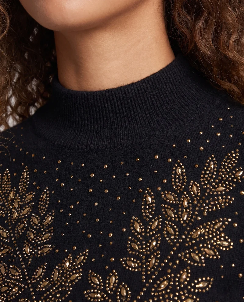 Damen Feinstrickpullover mit Ajour‑Blattapplikation und Perlen‑Detail Nord Taschen