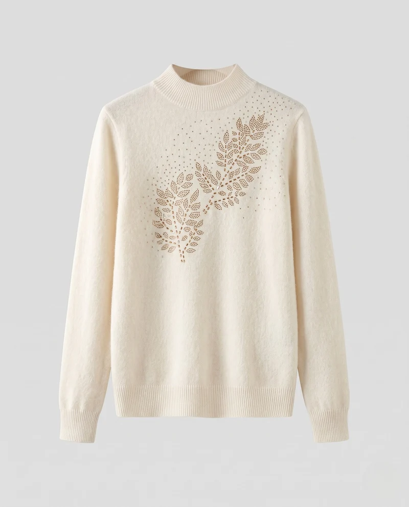 Damen Feinstrickpullover mit Ajour‑Blattapplikation und Perlen‑Detail Nord Taschen