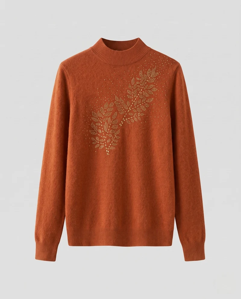 Damen Feinstrickpullover mit Ajour‑Blattapplikation und Perlen‑Detail Nord Taschen