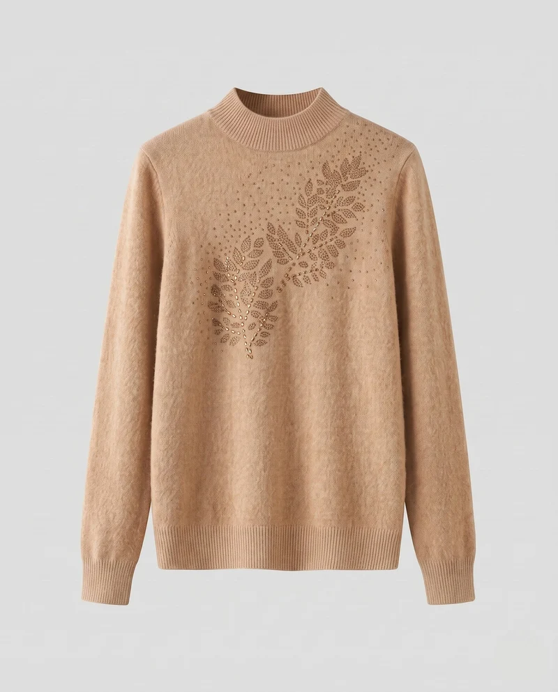 Damen Feinstrickpullover mit Ajour‑Blattapplikation und Perlen‑Detail Nord Taschen