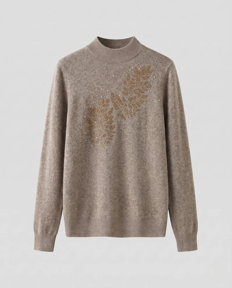 Damen Feinstrickpullover mit Ajour‑Blattapplikation und Perlen‑Detail Nord Taschen