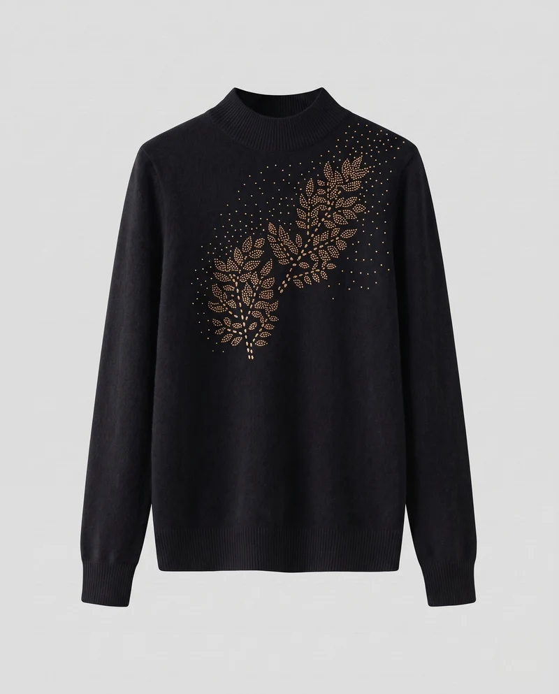 Damen Feinstrickpullover mit Ajour‑Blattapplikation und Perlen‑Detail Nord Taschen
