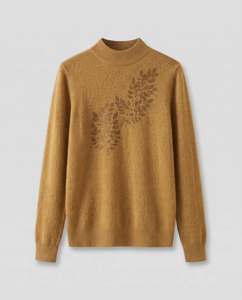 Damen Feinstrickpullover mit Ajour‑Blattapplikation und Perlen‑Detail Nord Taschen