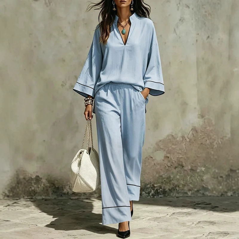 Damen Lässiges zweiteiliges Leinenoptik-Loungewear-Set mit Stehkragen, V-Ausschnitt und weitem Beinschnitt Nord Taschen