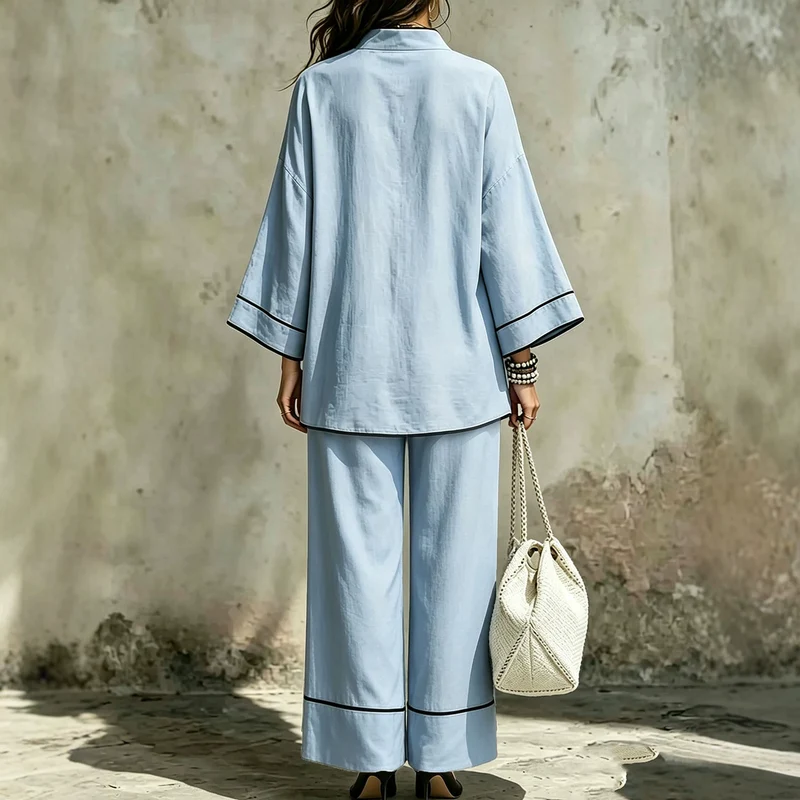 Damen Lässiges zweiteiliges Leinenoptik-Loungewear-Set mit Stehkragen, V-Ausschnitt und weitem Beinschnitt Nord Taschen