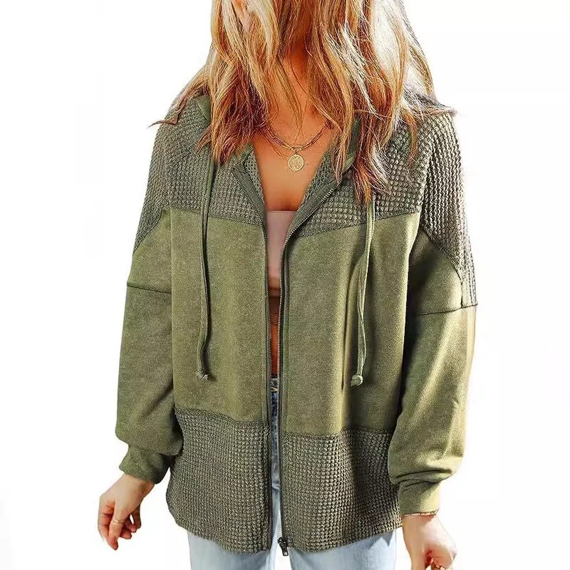 Damen Lässige Oversize-Kapuzenjacke mit Strukturstrick-Einsätzen und Reißverschluss Nord Taschen