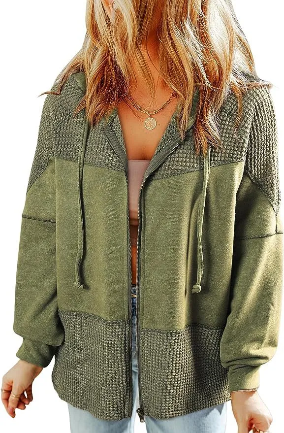 Damen Lässige Oversize-Kapuzenjacke mit Strukturstrick-Einsätzen und Reißverschluss Nord Taschen