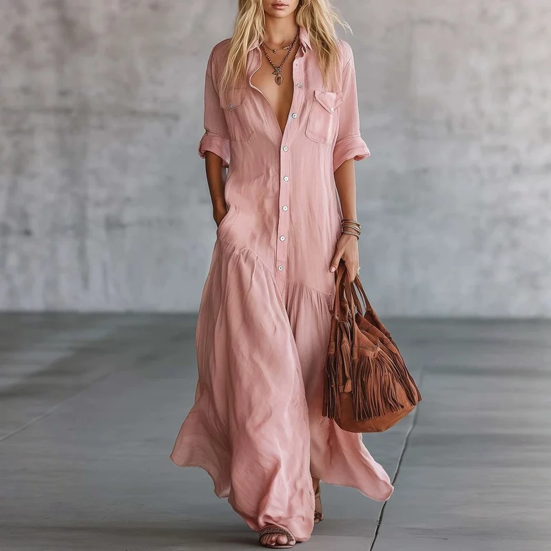Damen Langes fließendes Hemdblusen-Maxikleid mit Knopfleiste, aufgesetzten Brusttaschen und seitlichen Eingrifftaschen Nord Taschen