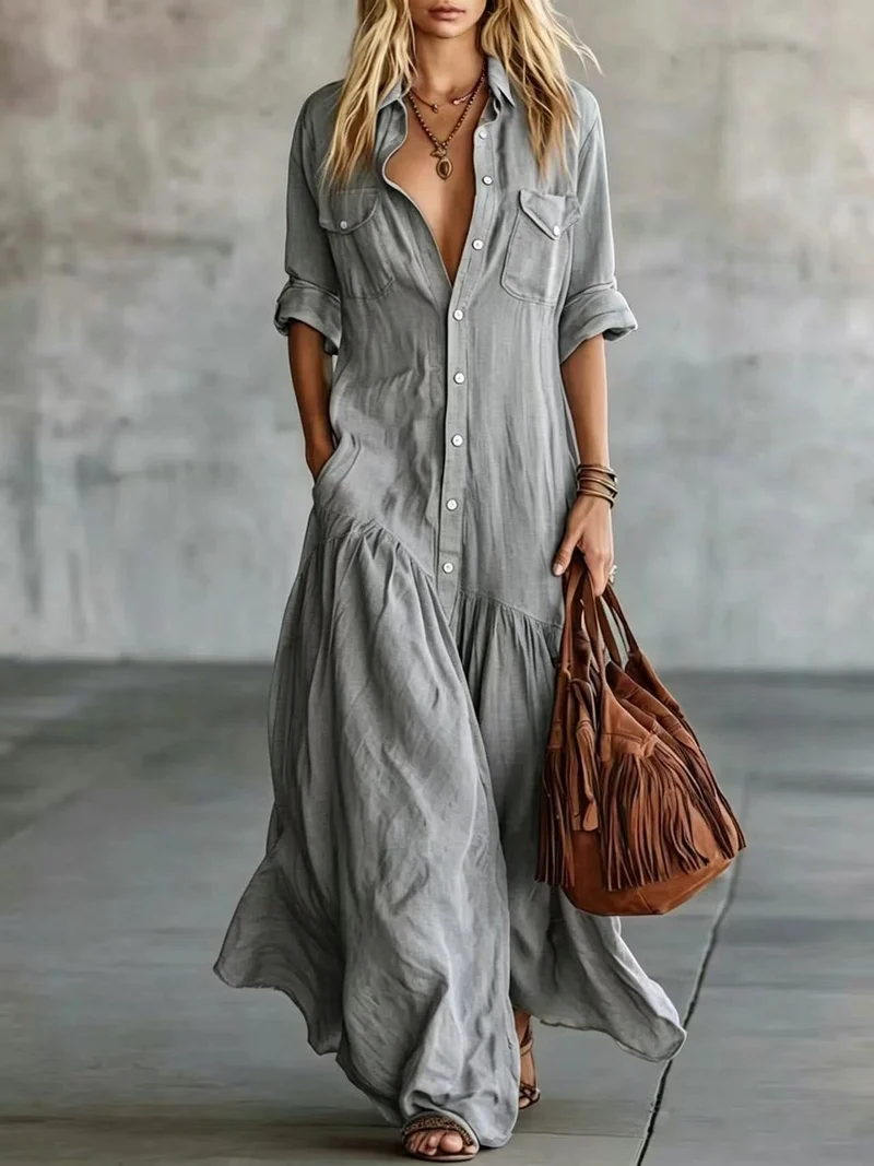 Damen Langes fließendes Hemdblusen-Maxikleid mit Knopfleiste, aufgesetzten Brusttaschen und seitlichen Eingrifftaschen Nord Taschen