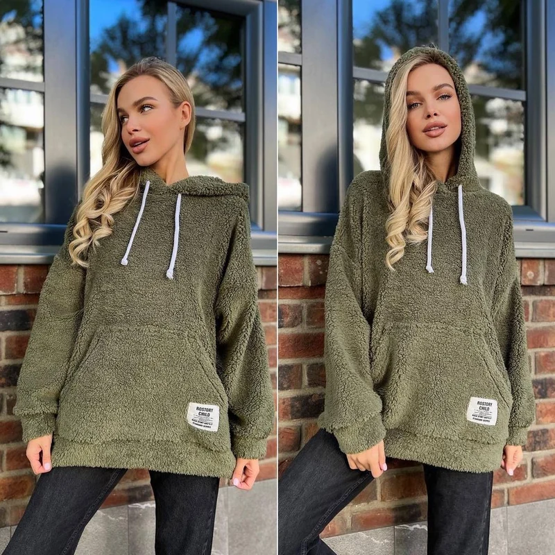 Damen Kuscheliger Teddy-Hoodie mit Kapuze, Kängurutasche und Oversize-Schnitt Nord Taschen