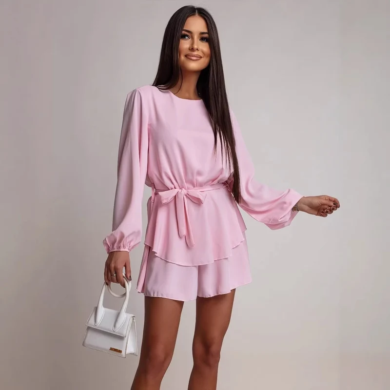 Damen Kurzkleid mit Volantrock, Taillenbindegürtel und Ballonärmeln Nord Taschen