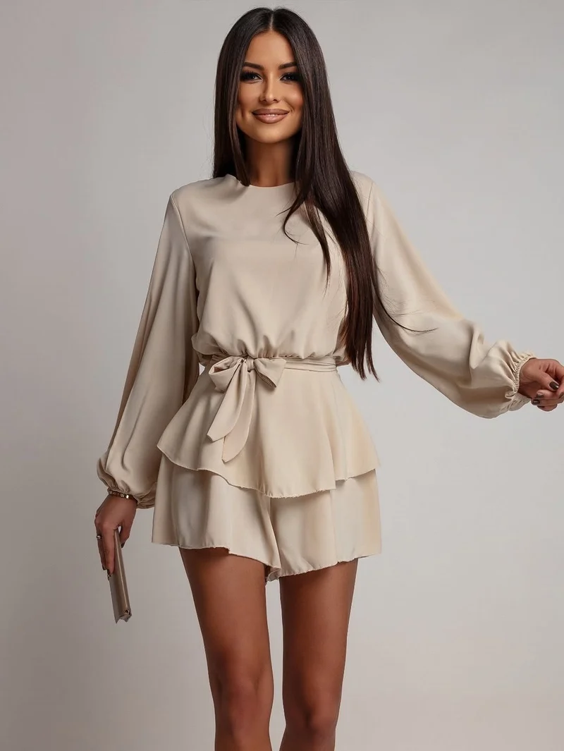 Damen Kurzkleid mit Volantrock, Taillenbindegürtel und Ballonärmeln Nord Taschen