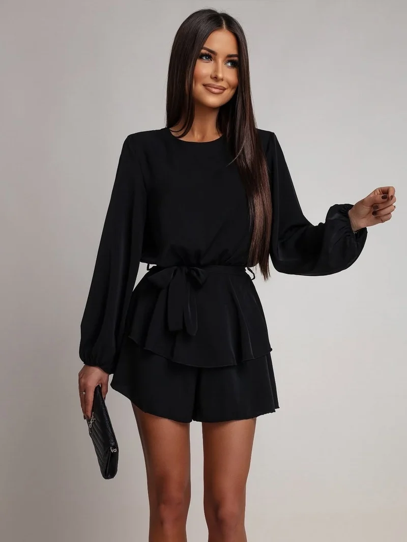 Damen Kurzkleid mit Volantrock, Taillenbindegürtel und Ballonärmeln Nord Taschen