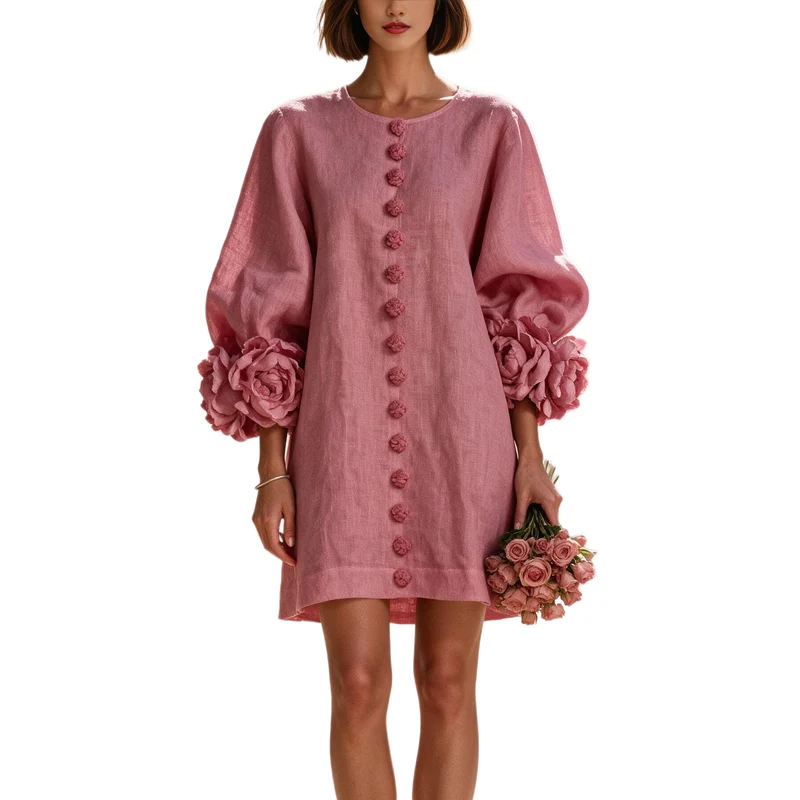 Damen Kurzkleid aus Leinen mit voluminösen Ballonärmeln und 3D-Blumenmanschetten Nord Taschen