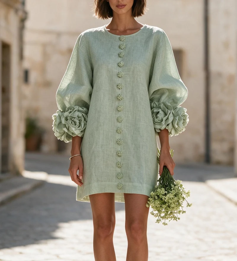 Damen Kurzkleid aus Leinen mit voluminösen Ballonärmeln und 3D-Blumenmanschetten Nord Taschen