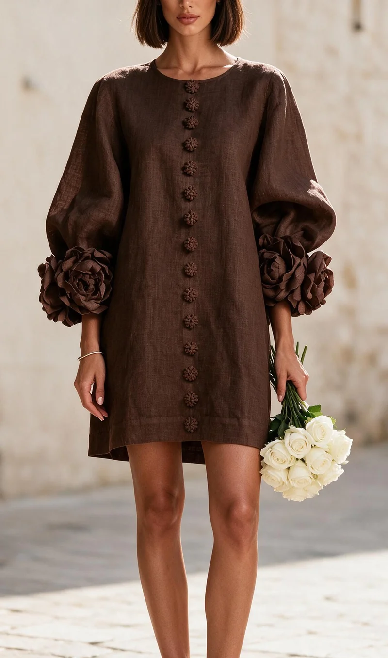 Damen Kurzkleid aus Leinen mit voluminösen Ballonärmeln und 3D-Blumenmanschetten Nord Taschen