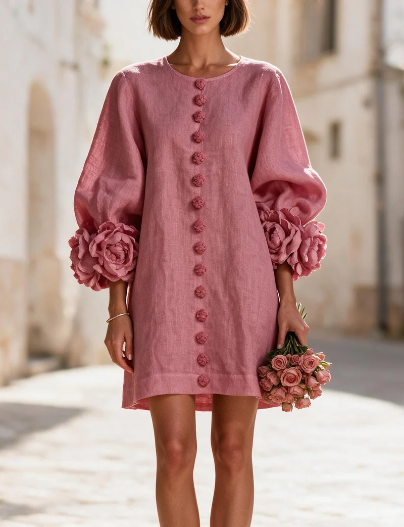 Damen Kurzkleid aus Leinen mit voluminösen Ballonärmeln und 3D-Blumenmanschetten Nord Taschen
