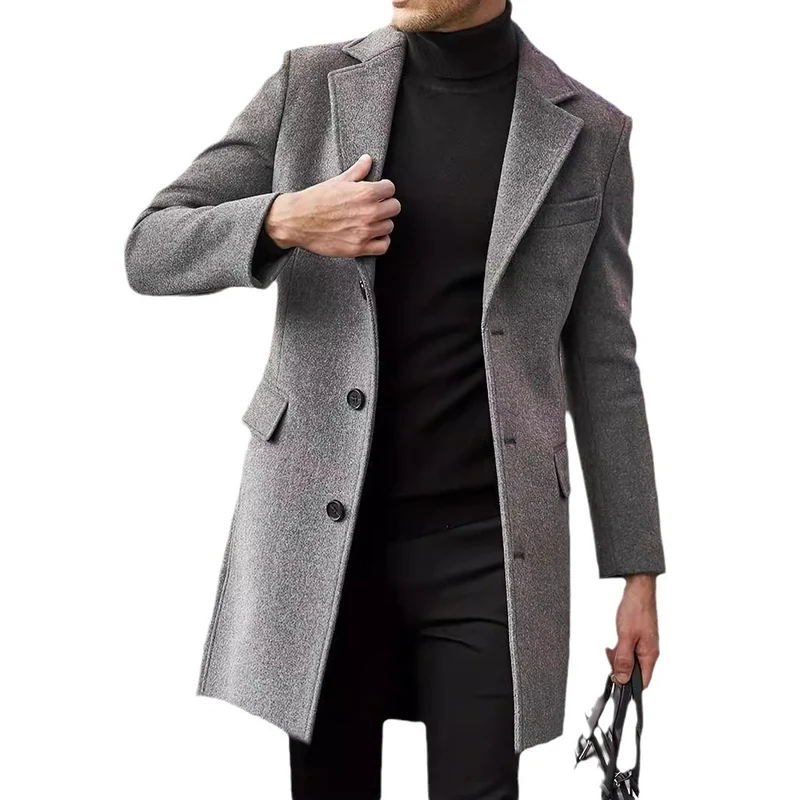 Herren Moderner Longcoat aus Wollmix mit schmalem Revers, Pattentaschen und schlanker Schnitt Nord Taschen