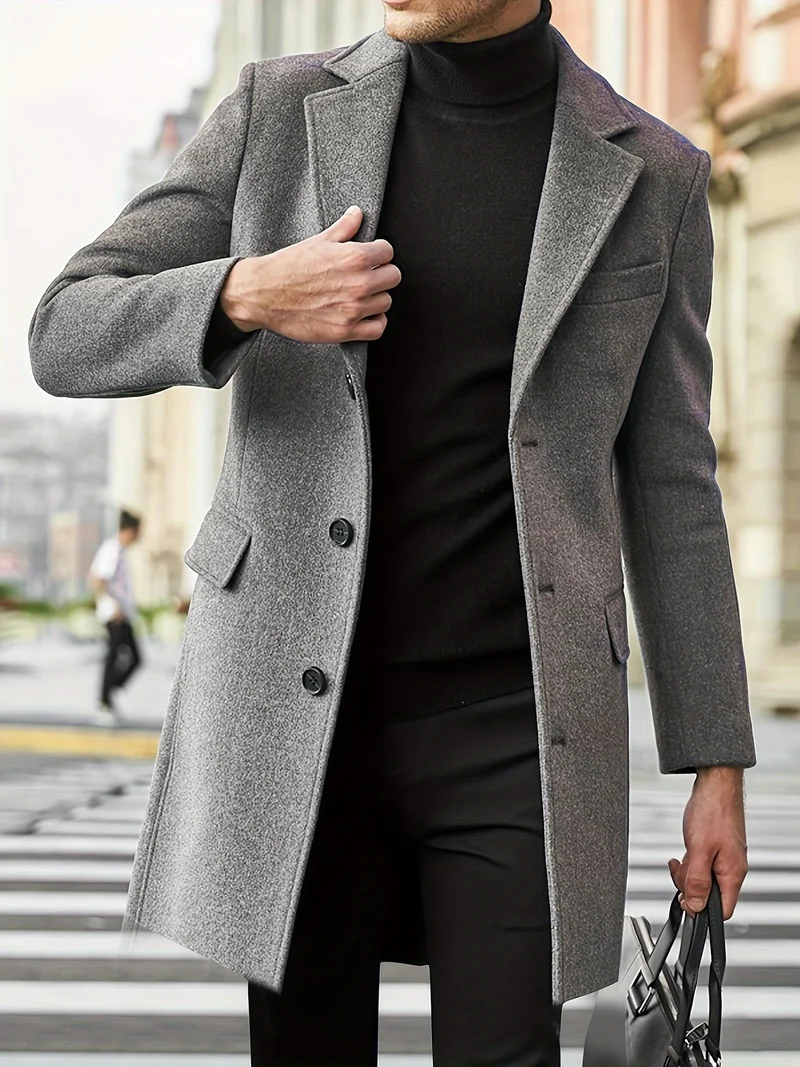 Herren Moderner Longcoat aus Wollmix mit schmalem Revers, Pattentaschen und schlanker Schnitt Nord Taschen