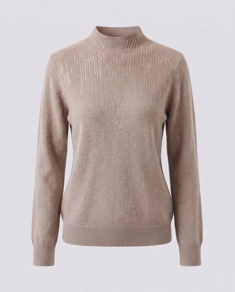 Damen Flauschiger Mockneck-Pullover mit funkelnder Strass‑Cascade und Kaschmir‑Optik Nord Taschen