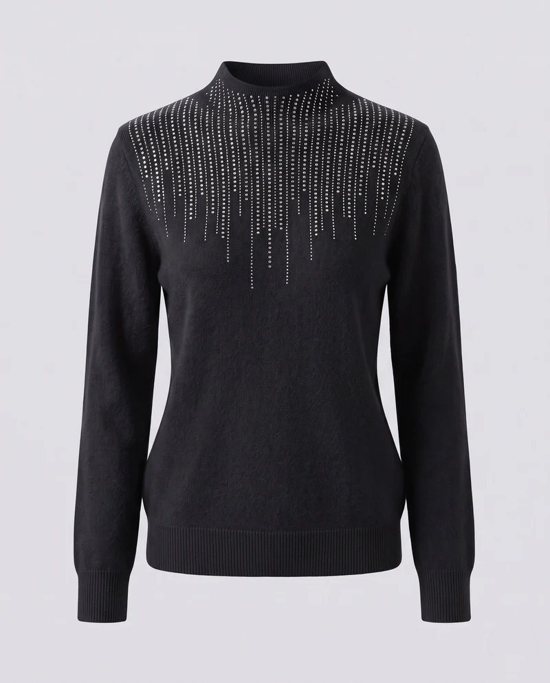 Damen Flauschiger Mockneck-Pullover mit funkelnder Strass‑Cascade und Kaschmir‑Optik Nord Taschen