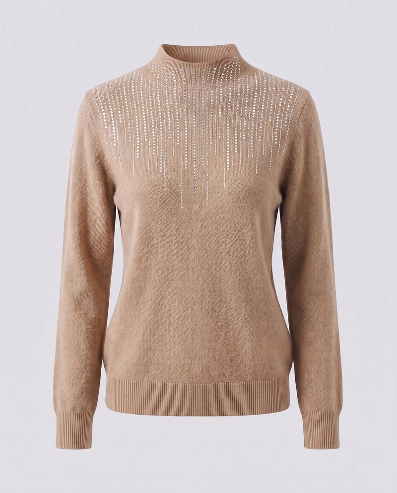 Damen Flauschiger Mockneck-Pullover mit funkelnder Strass‑Cascade und Kaschmir‑Optik Nord Taschen