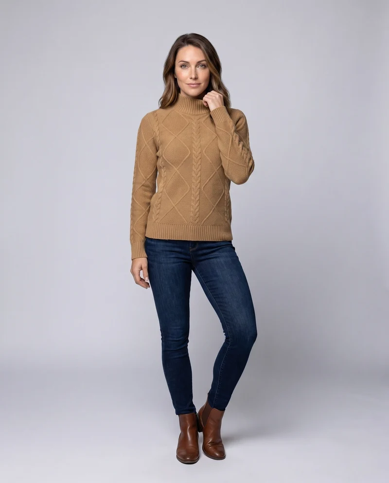 Damen Flauschiger Strukturstrick‑Mockneckpullover mit Zopf‑ und Rautenmuster Nord Taschen