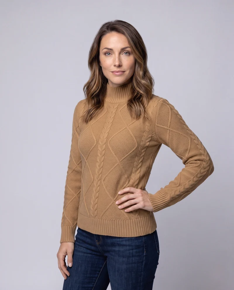 Damen Flauschiger Strukturstrick‑Mockneckpullover mit Zopf‑ und Rautenmuster Nord Taschen
