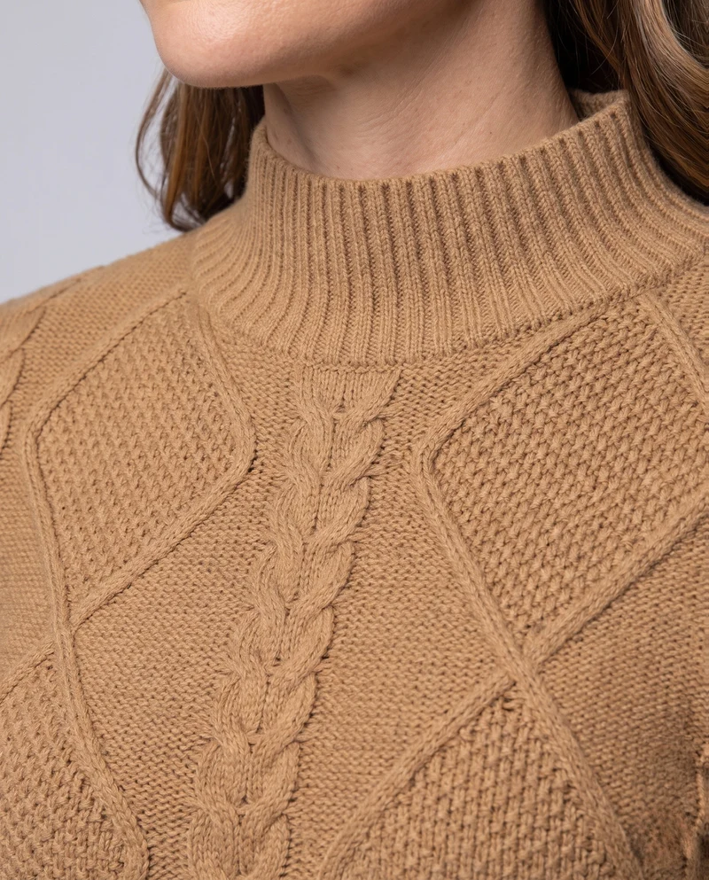Damen Flauschiger Strukturstrick‑Mockneckpullover mit Zopf‑ und Rautenmuster Nord Taschen