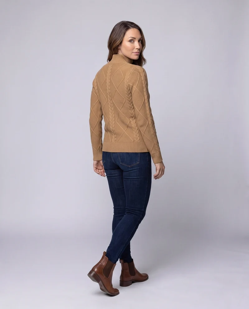 Damen Flauschiger Strukturstrick‑Mockneckpullover mit Zopf‑ und Rautenmuster Nord Taschen