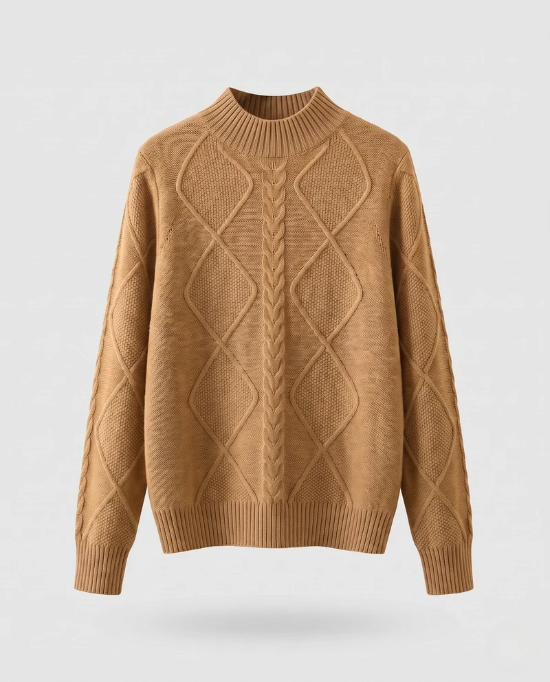 Damen Flauschiger Strukturstrick‑Mockneckpullover mit Zopf‑ und Rautenmuster Nord Taschen