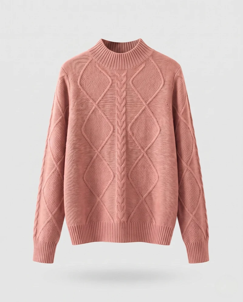 Damen Flauschiger Strukturstrick‑Mockneckpullover mit Zopf‑ und Rautenmuster Nord Taschen