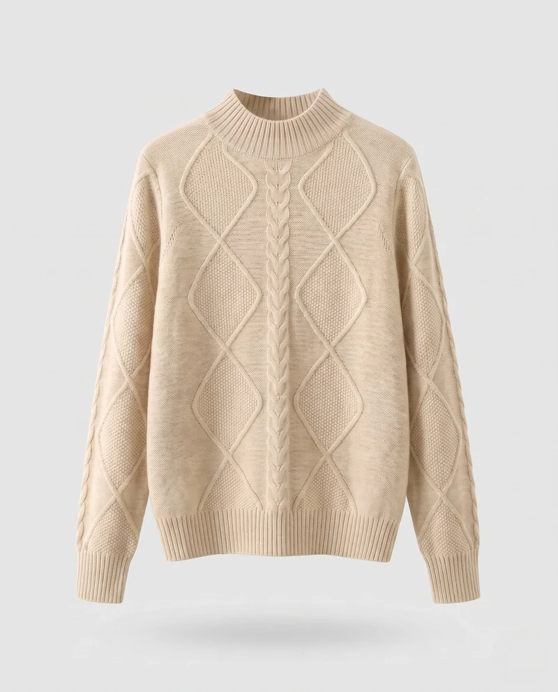 Damen Flauschiger Strukturstrick‑Mockneckpullover mit Zopf‑ und Rautenmuster Nord Taschen