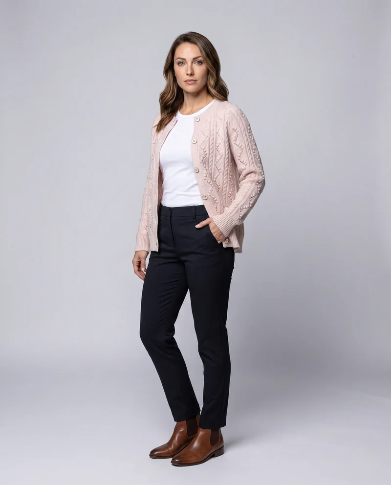 Damen Flauschiger Strickcardigan mit diamantförmiger Zopfstruktur und Perlmuttknöpfen Nord Taschen