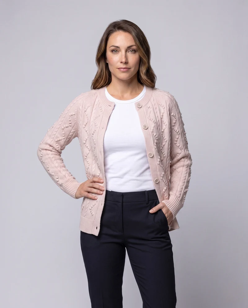 Damen Flauschiger Strickcardigan mit diamantförmiger Zopfstruktur und Perlmuttknöpfen Nord Taschen