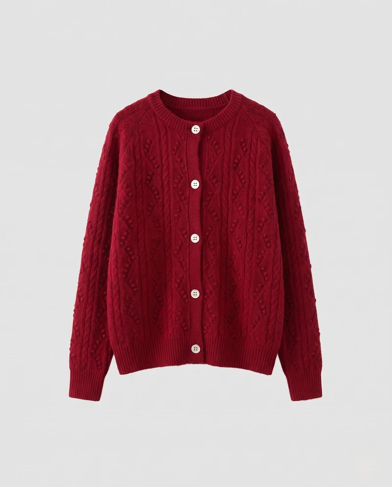 Damen Flauschiger Strickcardigan mit diamantförmiger Zopfstruktur und Perlmuttknöpfen Nord Taschen