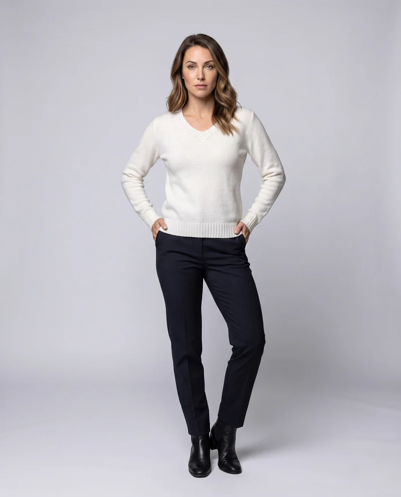 Damen Flauschiger V‑Ausschnitt-Pullover im Kaschmir‑Look mit feiner Rippstruktur Nord Taschen
