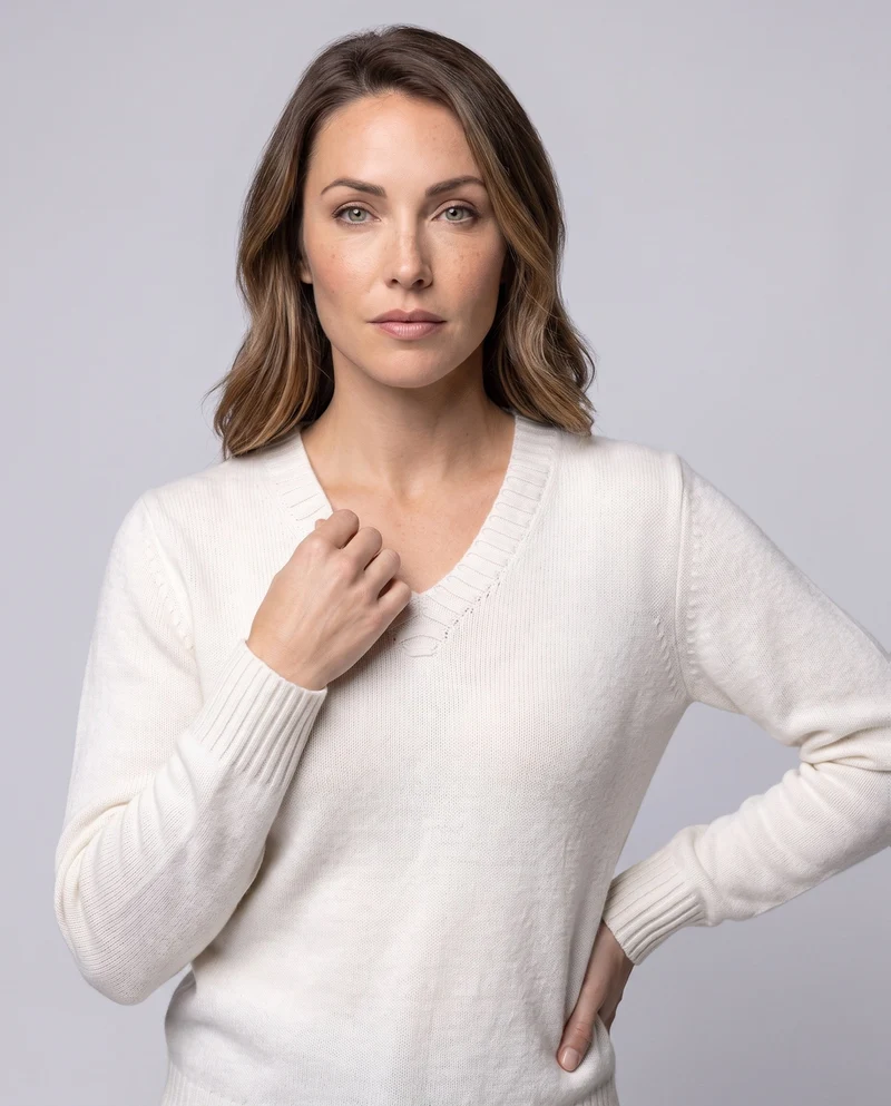 Damen Flauschiger V‑Ausschnitt-Pullover im Kaschmir‑Look mit feiner Rippstruktur Nord Taschen