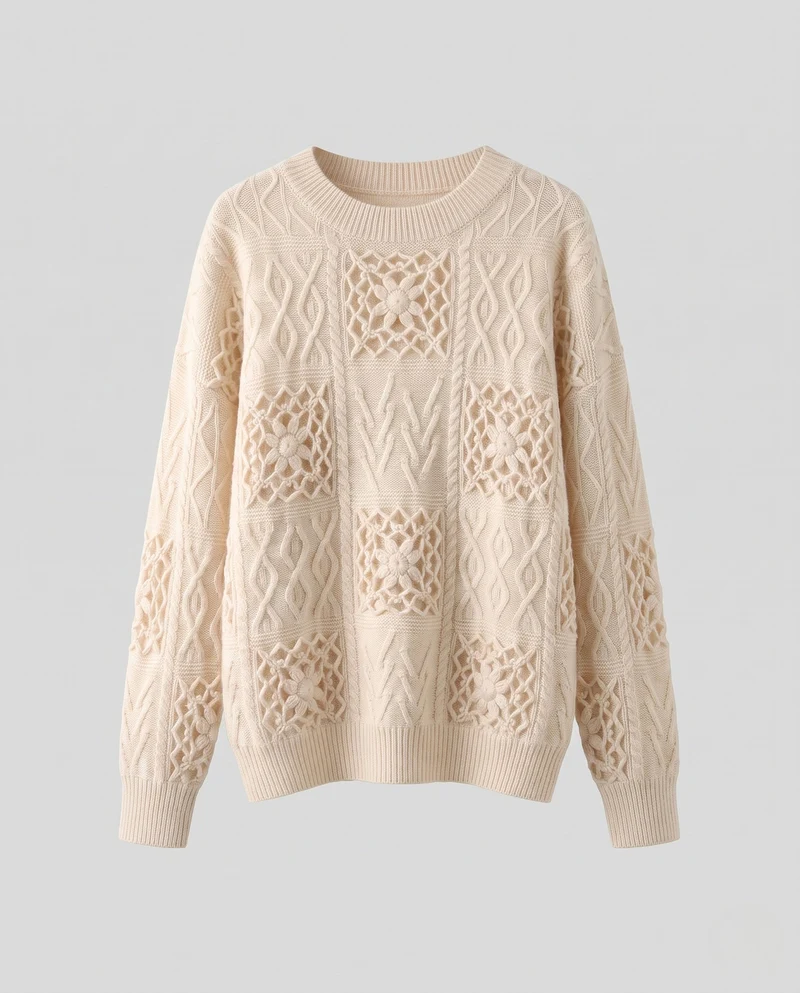 Damen Flauschiger Strukturstrick-Pullover mit Zopfmuster und Ajourblüten-Paneelen Nord Taschen