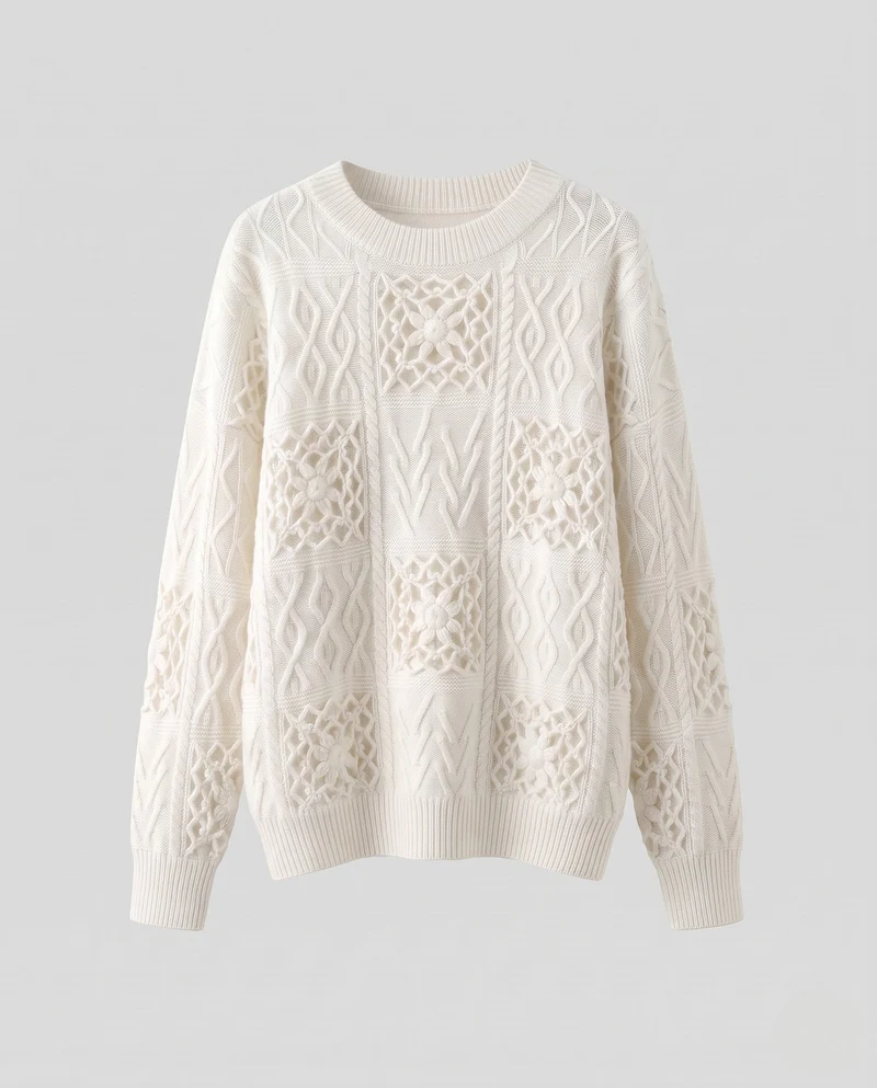 Damen Flauschiger Strukturstrick-Pullover mit Zopfmuster und Ajourblüten-Paneelen Nord Taschen
