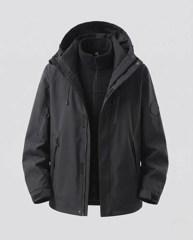 Herren Wasserabweisende Zwei‑in‑Eins Outdoorjacke mit abnehmbarer Fleece‑Innenjacke, Kapuze & Multifunktions‑Taschen Nord Taschen