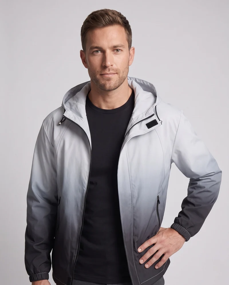 Herren wasserabweisende Übergangsjacke mit Farbverlauf, Kapuze & verdecktem Zweiwege‑Reißverschluss Nord Taschen
