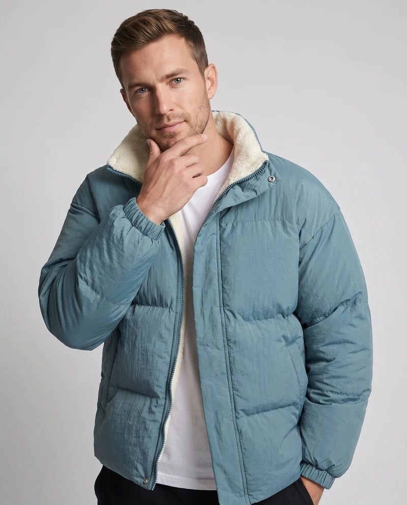 Herren Wärmeisolierende Steppjacke mit Teddyinnenfutter, hohem Kragen und verdecktem Reißverschluss Nord Taschen