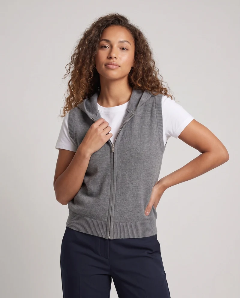 Damen Ärmellose Strickweste mit Kapuze und Reißverschluss Nord Taschen