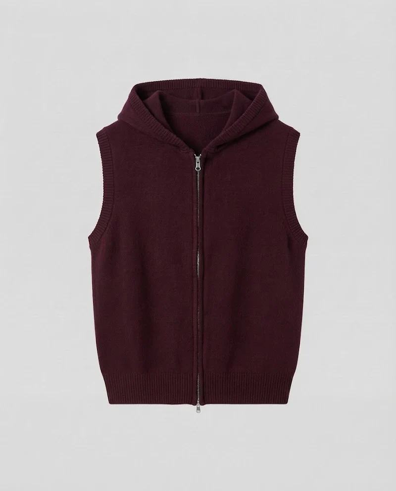 Damen Ärmellose Strickweste mit Kapuze und Reißverschluss Nord Taschen