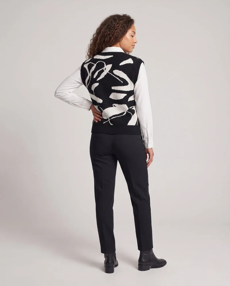 Damen Ärmellose Strickweste mit tiefem V‑Ausschnitt und abstraktem Jacquardmuster Nord Taschen