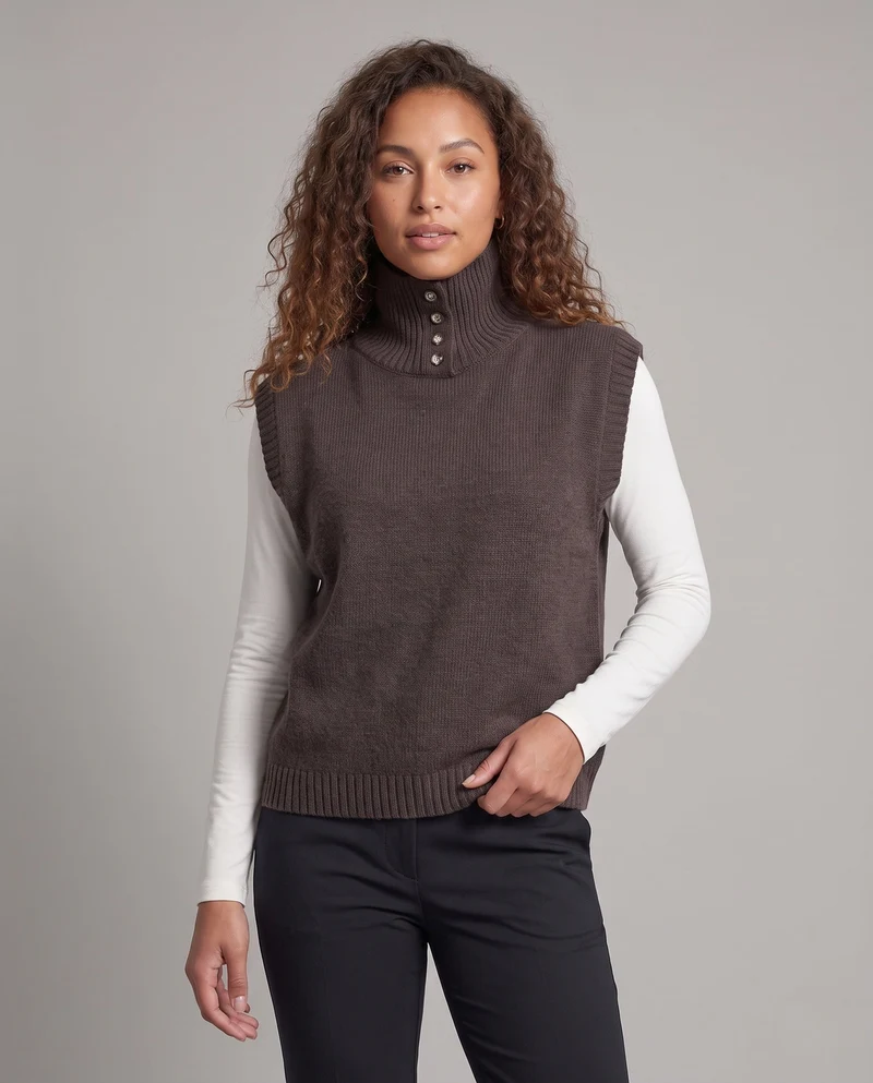 Damen Ärmellose Strickweste mit hohem Stehkragen und dekorativer Knopfblende Nord Taschen
