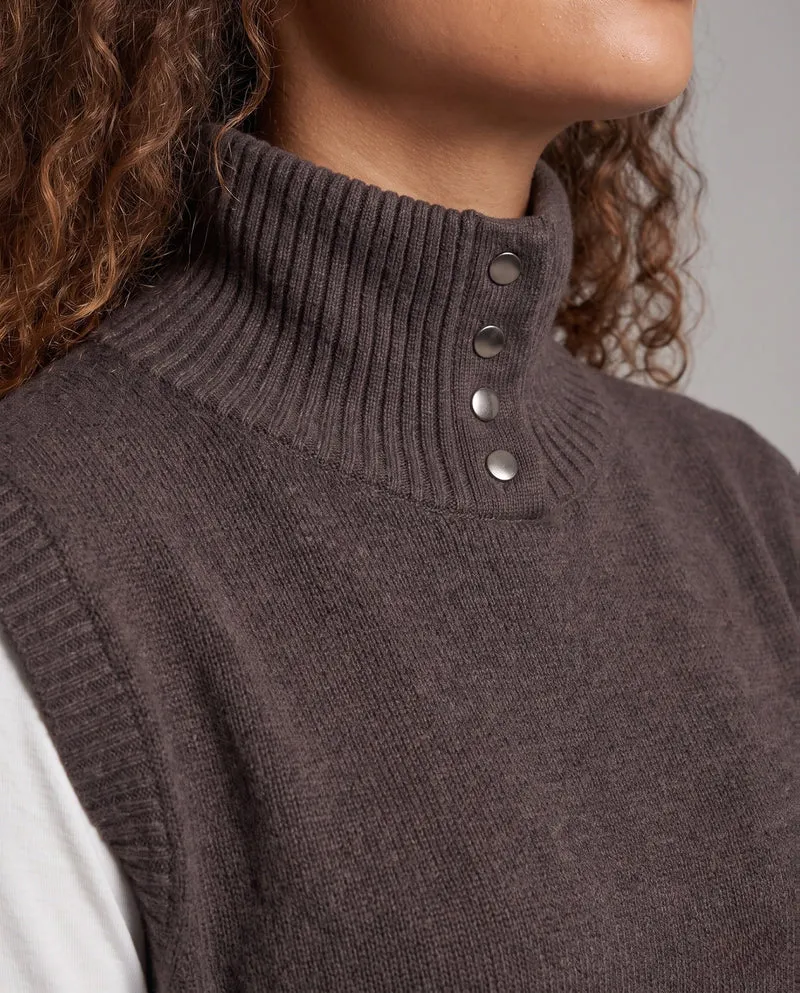 Damen Ärmellose Strickweste mit hohem Stehkragen und dekorativer Knopfblende Nord Taschen